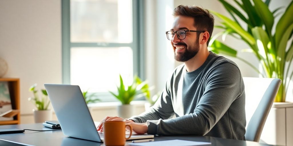 Person working on laptop from comfortable home office.