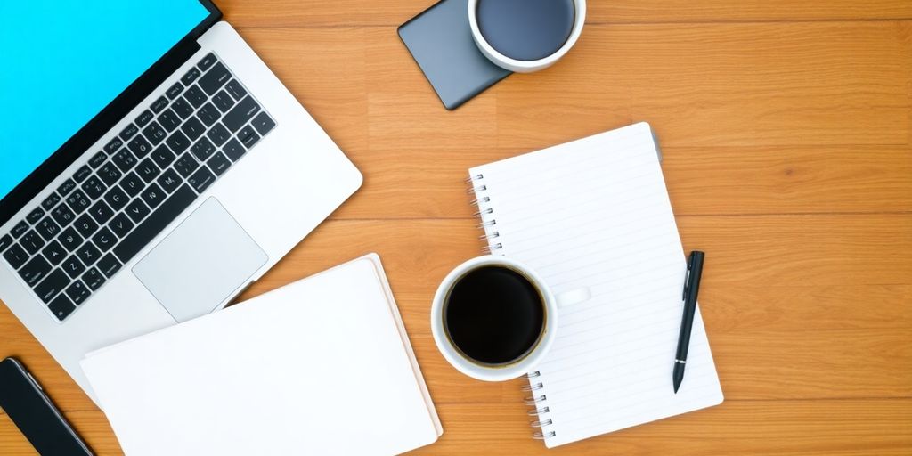 Flat lay of laptop and coffee on a wooden desk.