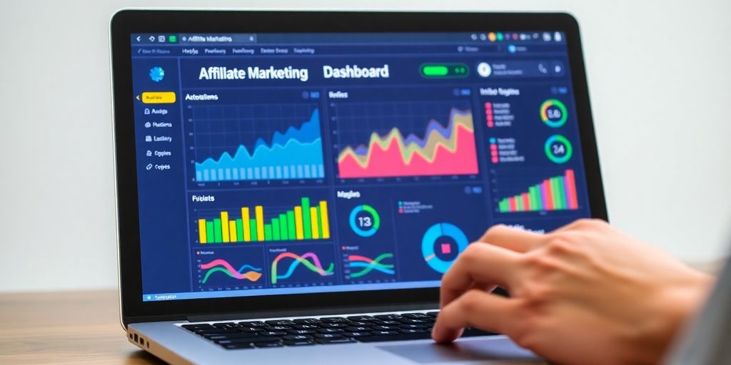 Laptop screen with affiliate marketing dashboard and metrics.
