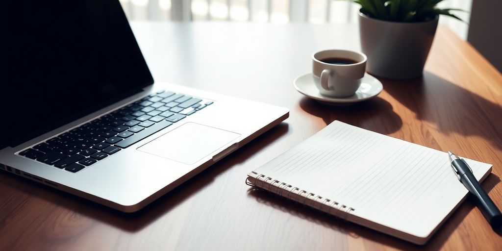 Laptop and notepad on desk, symbolizing affiliate marketing.