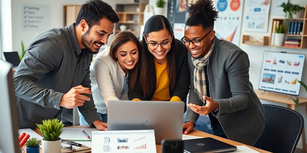 Diverse professionals collaborating on affiliate marketing strategies.