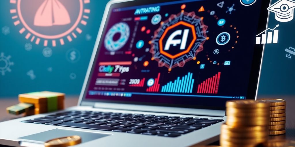 Laptop with AI graphics and money on the table.