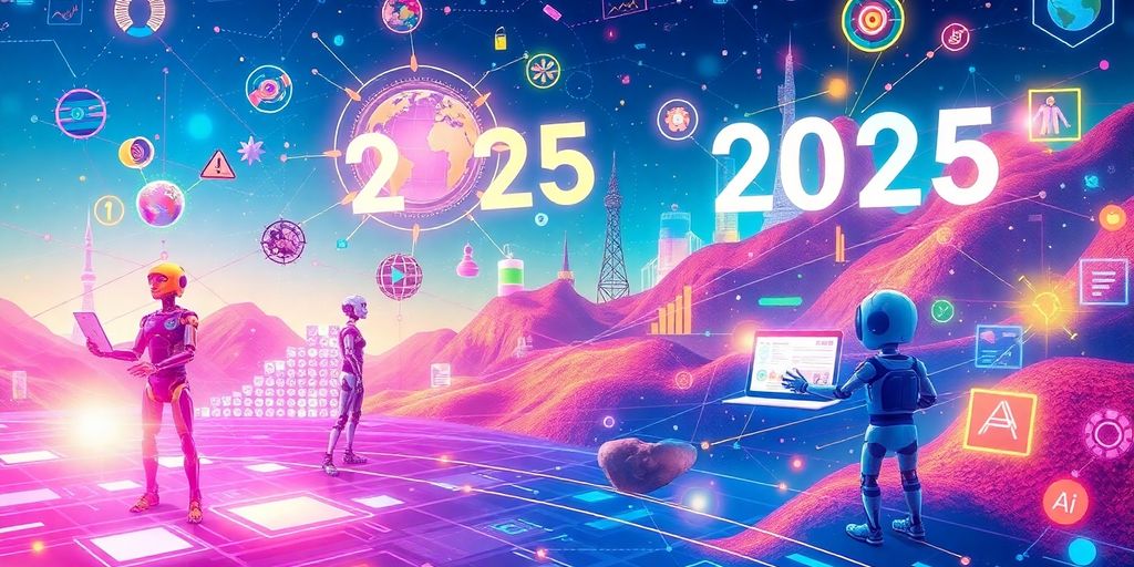 Futuristic digital marketing landscape with AI elements.