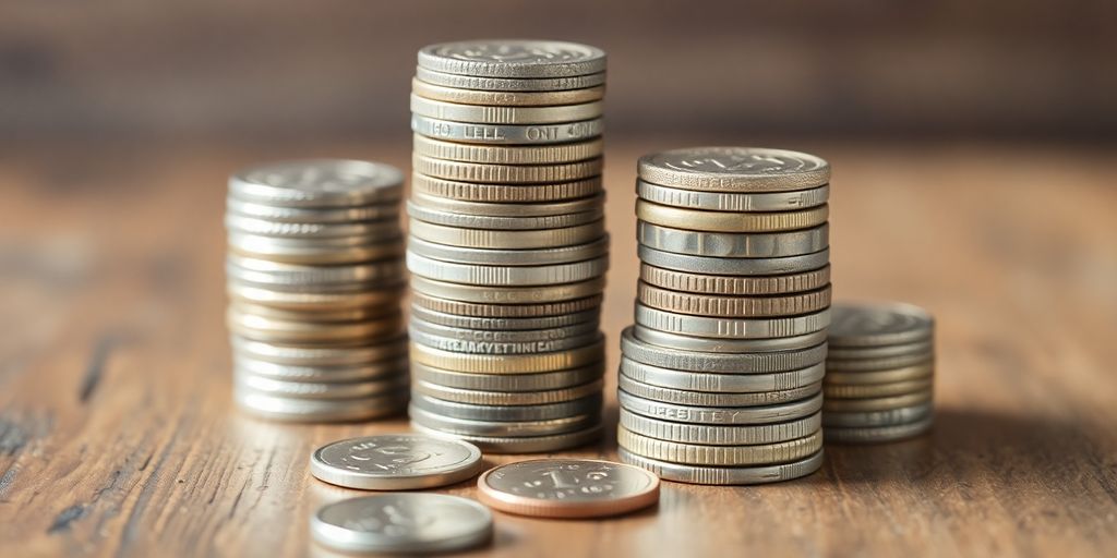 Coins stack on a wooden table.