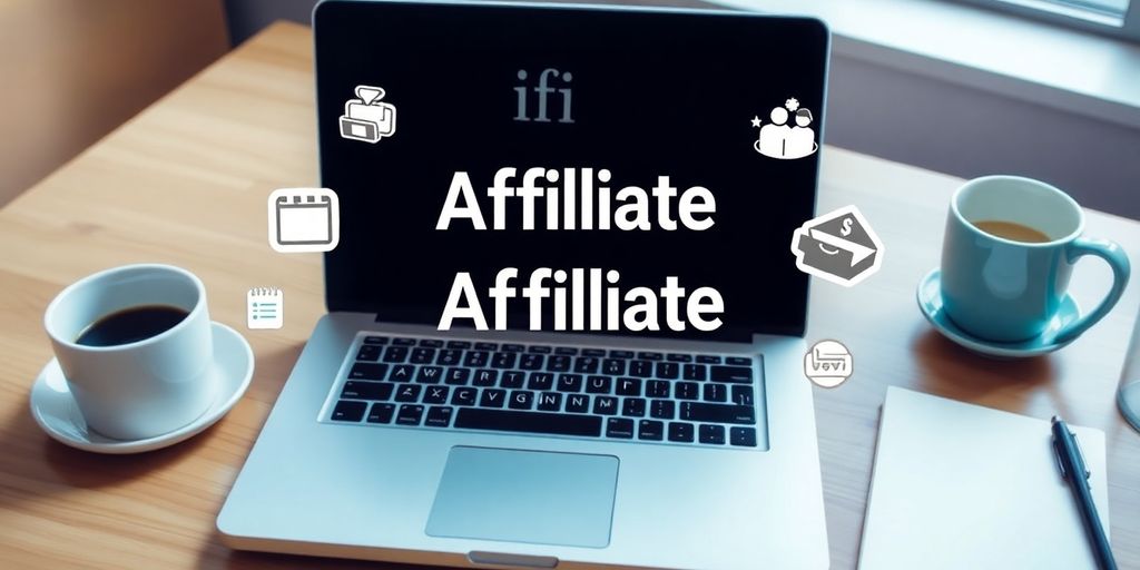 Laptop with affiliate marketing icons on a desk.