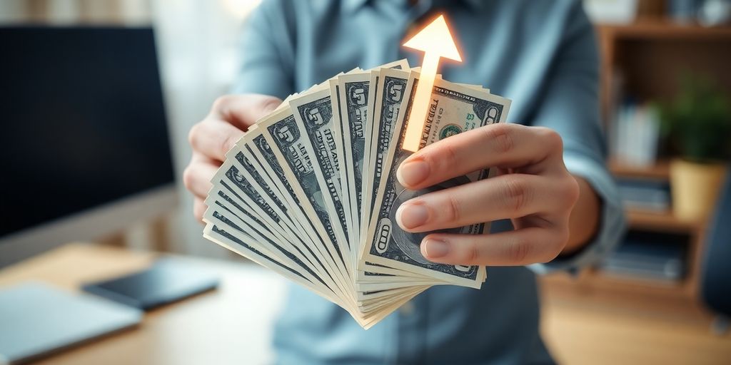 Person smiling, holding money, digital overlay.