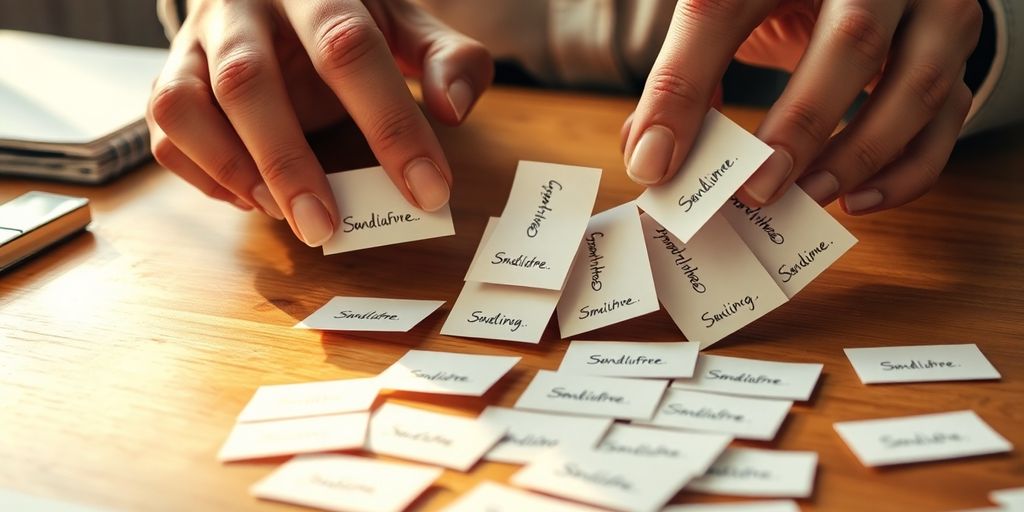 Person organizing physical paper lists.