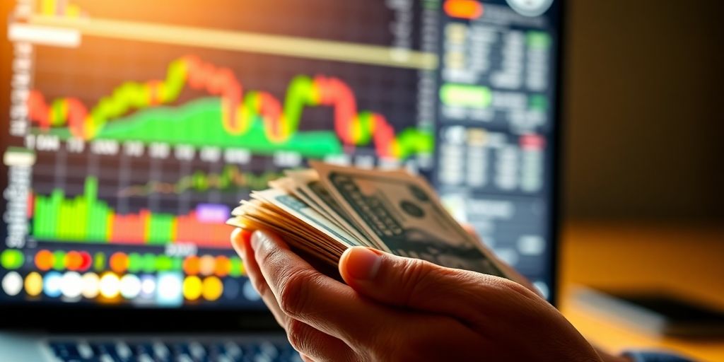 Person holding cash, laptop, and charts in a bright room.