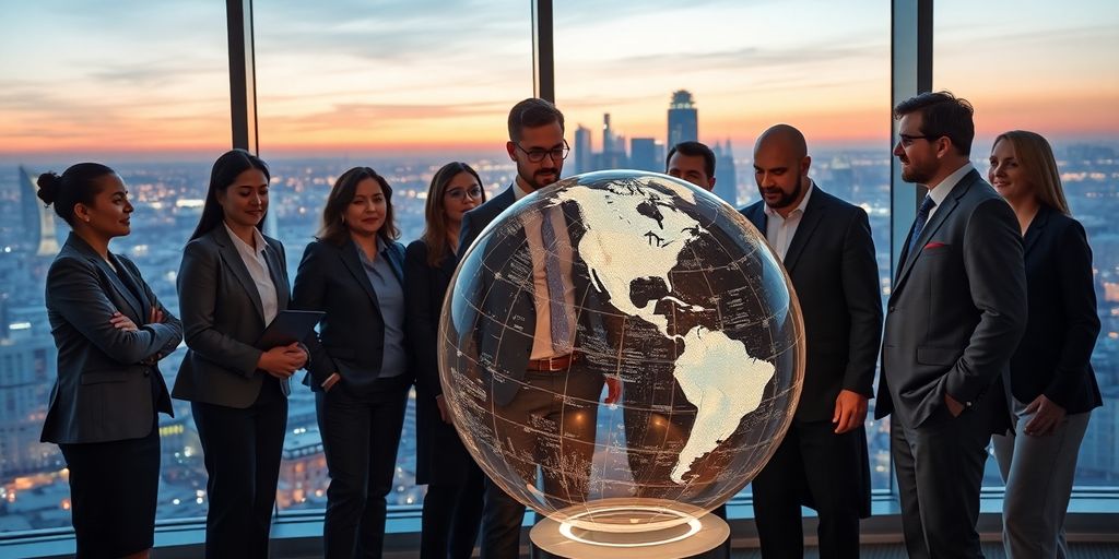 Diverse business people collaborating, futuristic city backdrop, vibrant.