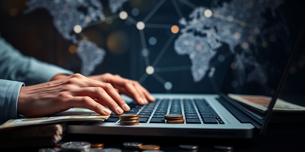 Person with laptop, money, and global network.