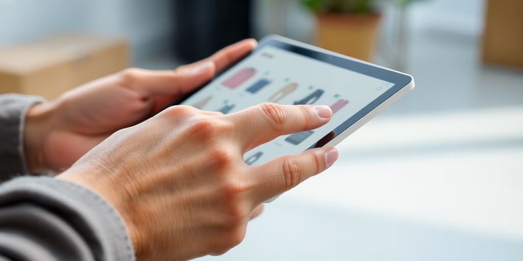 Person holding a tablet with shopping items.