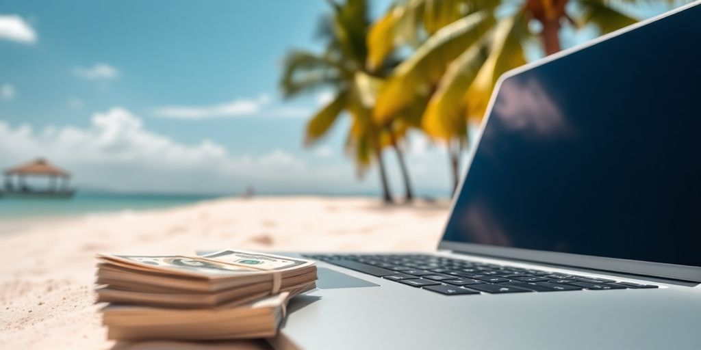Laptop, money, and tropical beach.