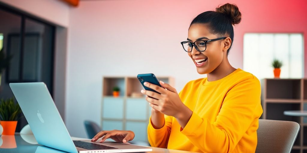 Person with phone and laptop, successful marketing imagery.