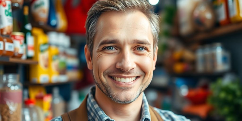 Successful merchant smiling, surrounded by products.