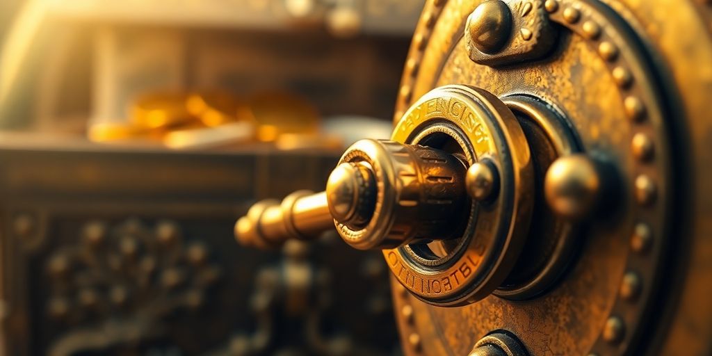 Golden key unlocking treasure chest with money.