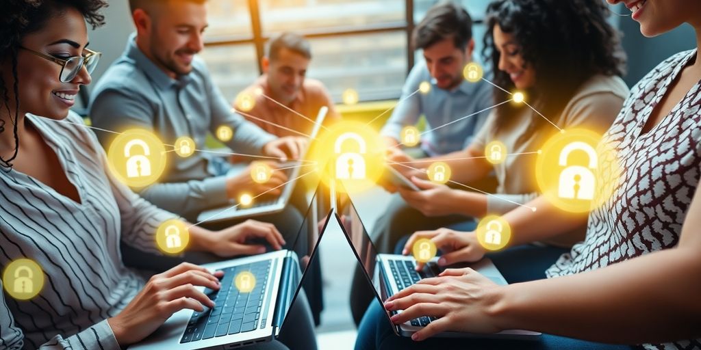 Diverse adults, laptops, affiliate icons, global connections.