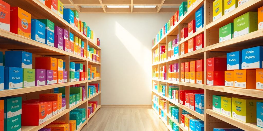 Many varied affiliate product boxes on shelves.