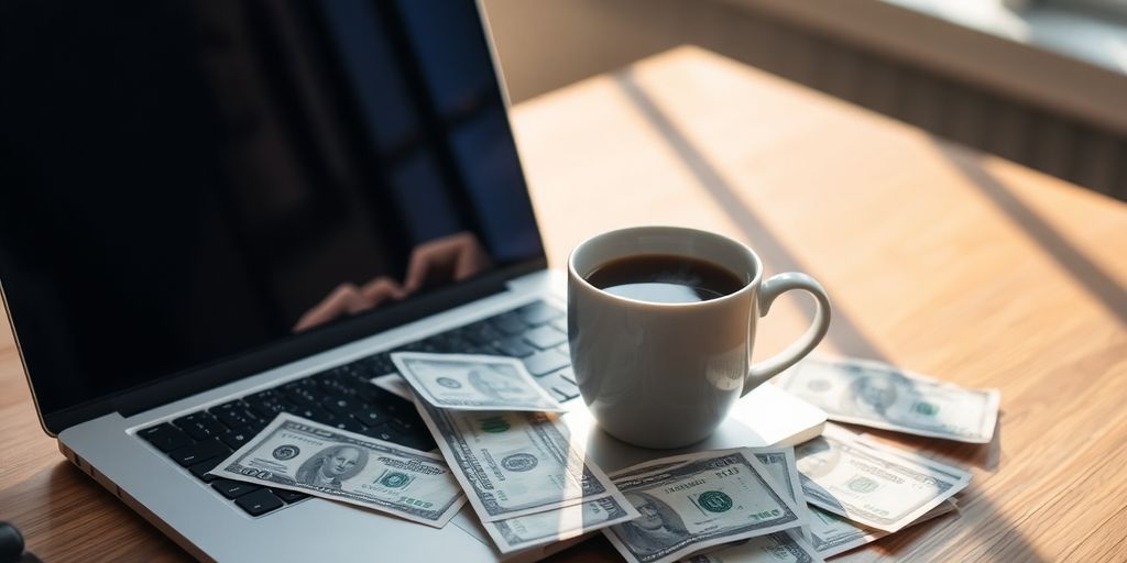 Laptop, coffee, and money on a desk
