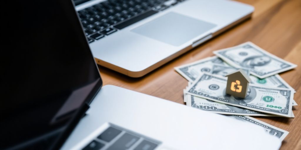 Laptop, money, and website icon on a desk.