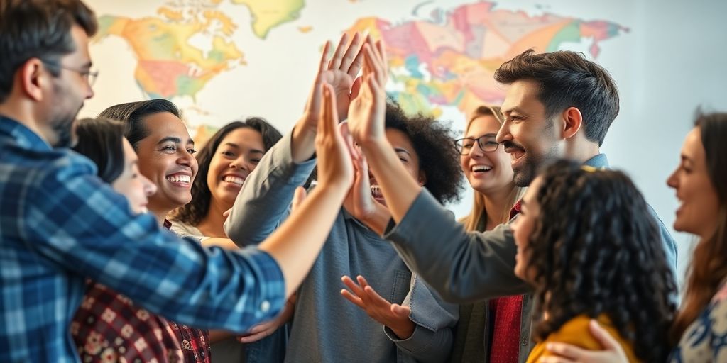 People celebrating success, money, and global connections.