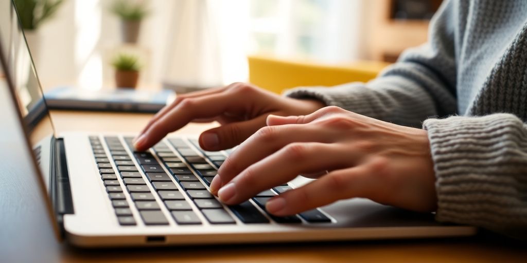 Close-up of a person typing on a laptop