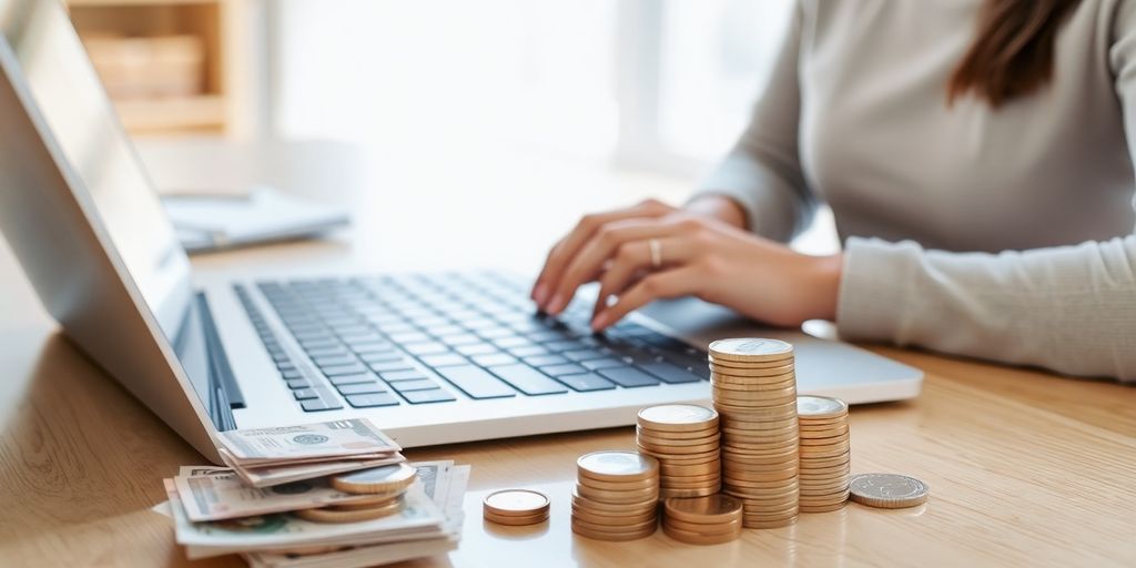 Person, laptop, and money on a table.