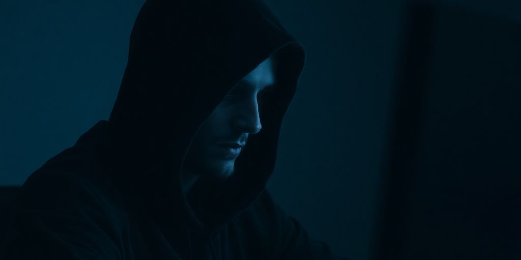 Dark hooded figure, glowing computer screen, shadowy room.