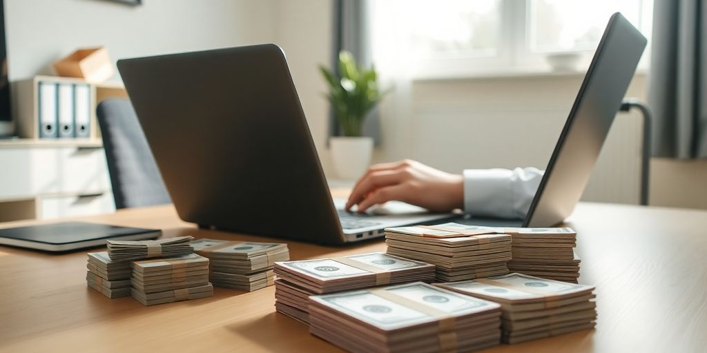 Person typing on laptop, money beside it.