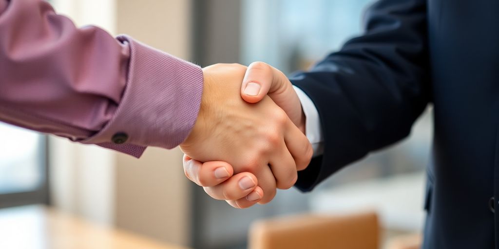 Two people shaking hands on a deal.