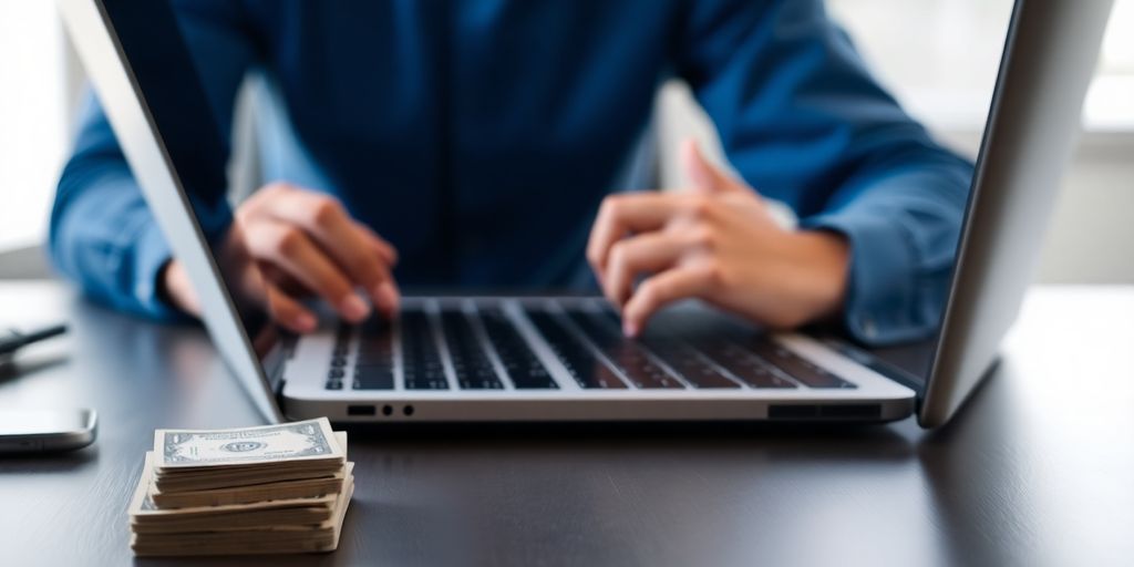Person working on laptop, money beside.