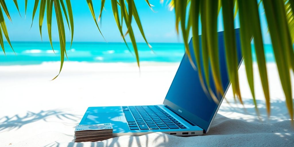 Laptop, money, and tropical beach.