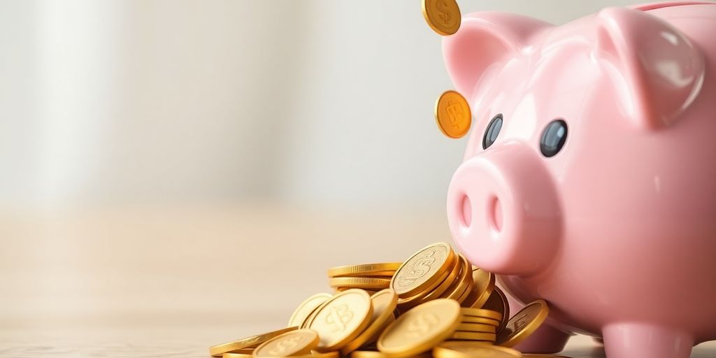 Coins falling into a piggy bank.