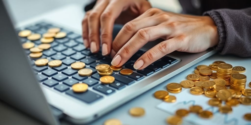 Person typing on laptop, surrounded by coins and charts.