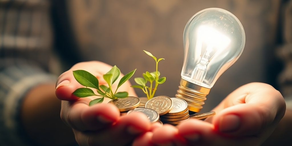 Person's hands holding glowing lightbulb, coins, and plant.