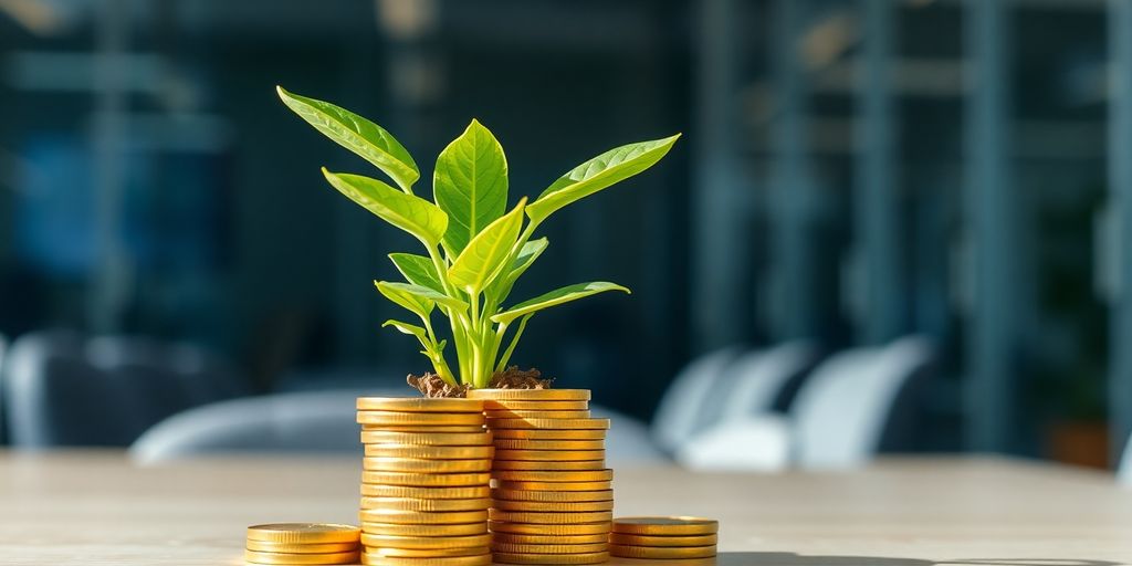 Coins stacked with green plant.