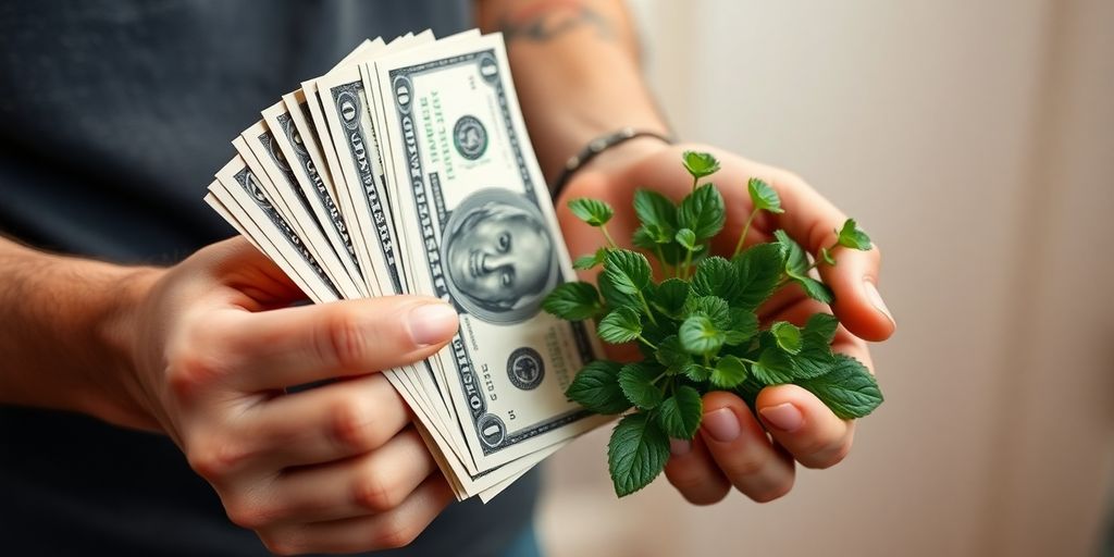 Person's hands holding money and a small plant.