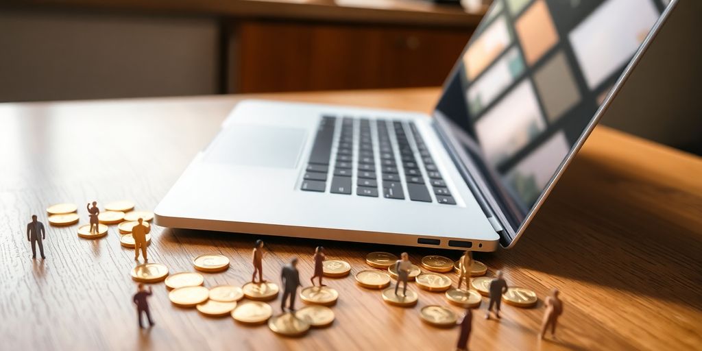 Laptop, coins, and tiny figures on a desk.
