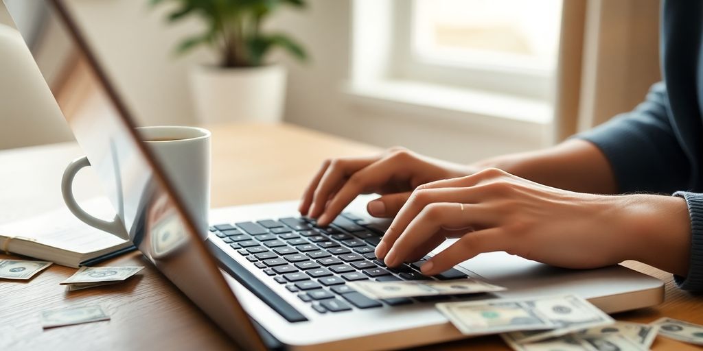 Laptop, coffee, person's hands, money.