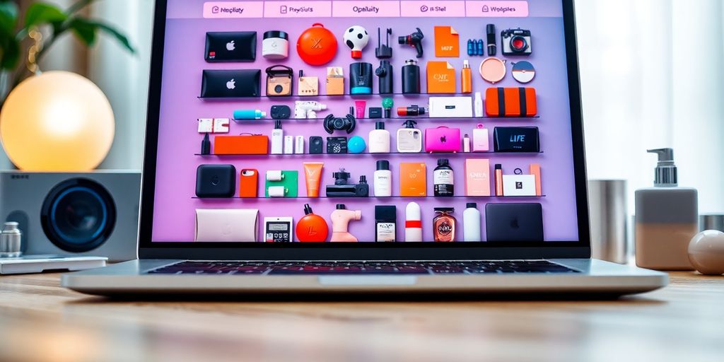 Laptop with diverse products, glowing.